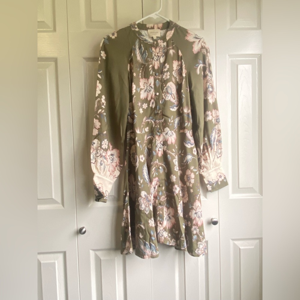 New Sezane Caprice Mini Dress - Rama Kaki Floral French Elegant Casual FR34/US2 - Picture 3 of 8